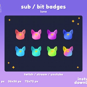 Luna / Twitch Sub Badges / Bit Badges / Coloré / Emote / Mignon / Kawaii / Streamer / Discord