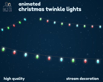 Könnte beinhalten: Animierte Weihnachtsblinklichter, eine Lichterkette mit roten, grünen und blauen Glühbirnen, vor einem dunkelblauen Hintergrund mit weißen Punkten. Der Text "animated christmas twinkle lights" befindet sich oben im Bild, und der Text "high quality" befindet sich unten links und "stream decoration" befindet sich unten rechts.