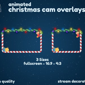 May include: Animated Christmas cam overlays with a candy cane border, green garland, and colorful lights. The overlays are available in three sizes: fullscreen, 16:9, and 4:3. High quality stream decoration.