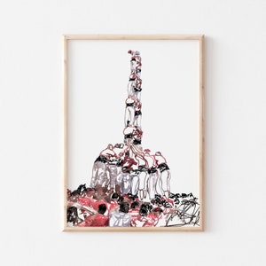 Catalonian human tower illustration from el Vendrell - Catalan castells. Giclée art print. From Enxanetes