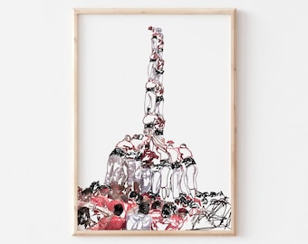 May include: A black and white illustration of a human pyramid, a traditional Catalan tradition called 'castells'. The illustration shows a group of people forming a tall tower, with people standing on each other's shoulders.