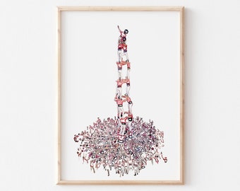 Catalan Castellers Human Tower Art - Traditional Culture of Catalonia, Spain - Hand-Drawn Giclée Print for Home Decor