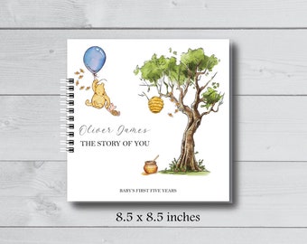 Baby Book, Baby Memory Album, Minimalist Pregnancy Journal, Classic Winnie the Pooh Blue Balloon, Baby Shower Gift, Baby Boy, New Mom SB4