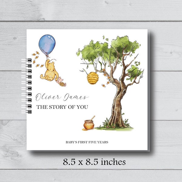 Baby Book, Baby Memory Album, Minimalist Pregnancy Journal, Classic Winnie the Pooh Blue Balloon, Baby Shower Gift, Baby Boy, New Mom SB4