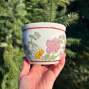 Vintage Hand Painted Floral Porcelain Planter Pot - Retro Home Decor - Unique Planters - Gifts for Plant Lovers - Vintage Ceramic Pottery