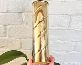 Solid Brass Vintage Cylindrical Vase - Brass MCM Accent Pieces - Retro Mid Century Modern Decorations - Mantle / Bookshelf Styling Decor