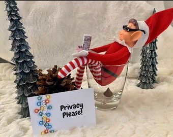 May include: A Christmas elf wearing sunglasses and a Santa hat is sitting in a glass with a chocolate kiss at the bottom. The elf is holding a piece of paper with writing on it. A sign in front of the glass says "Privacy Please!" with a string of colorful lights.