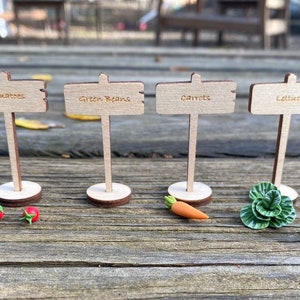 Encantador juego de 4 carteles de jardín de verduras en miniatura; Señales de jardín de gnomos; Señales de jardín en miniatura; jardín de hadas