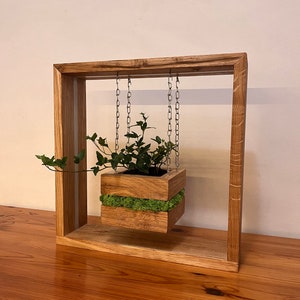 May include: A wooden hanging planter with a square frame. The planter box, filled with greenery and moss, is suspended by chains. The frame and planter are made of light-colored wood, creating a natural aesthetic. The design is suitable for indoor or outdoor use.