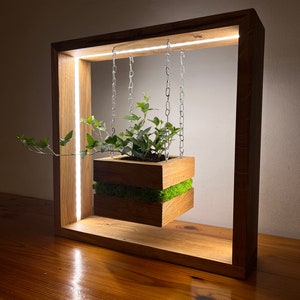 May include: A wooden planter box with greenery, suspended by chains within a rectangular wooden frame. The frame has a built-in LED light strip. The planter box is filled with soil and green plants, with a layer of green moss.