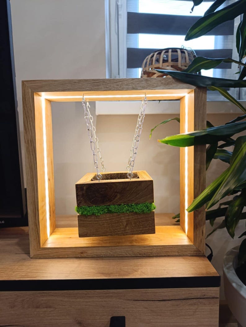 May include: A wooden planter box suspended by silver chains within a square, illuminated wooden frame. The planter is filled with soil and green moss. The frame has a warm, glowing light.