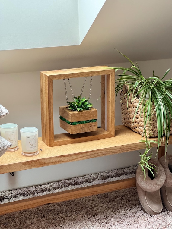 Japandi Table Lamp, Solid Oak Table Lamp with Preserved Moss Decor, Geometric Wood Lamp, Handmade Desk Light, Wood Bedside Lamp, Desk Lamp