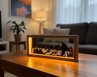Mountain Peak Wooden LED Lamp, 3D Alpine Chalet Decor, Solid Oak & Black HDF Night Light, Midnight Silhouette, Hiker Gift, Wood Table Lamp