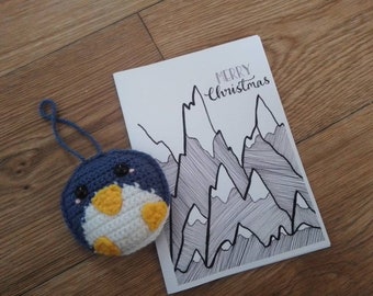 Crocheted penguin bauble on Christmas card, gift and card in one, hand drawn card and crocheted gift, Christmas card for someone special
