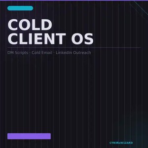 May include: A digital graphic with the words "COLD CLIENT OS" in large white letters. Below, smaller text reads "DM Scripts, Cold Email, LinkedIn Outreach." The background is dark with vertical lines, and there are blue and purple rectangular accents.