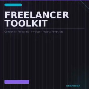 Pode incluir: Gráfico digital com as palavras "FREELANCER TOOLKIT" em letras brancas grandes. Abaixo, um texto menor lista "Contracts · Proposals · Invoices · Project Templates". O fundo é escuro com linhas verticais e um gradiente verde-azulado e roxo.