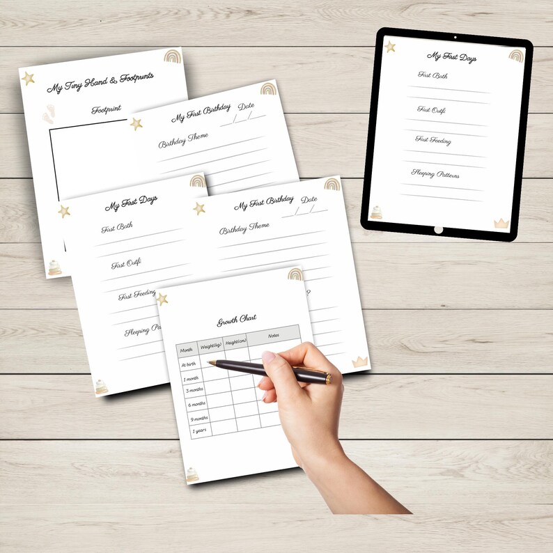 May include: A set of printable baby memory pages with a gold and white colour scheme. The pages include sections for recording the baby's first bath, first outfit, first feeding, sleeping patterns, first birthday theme, and a growth chart.