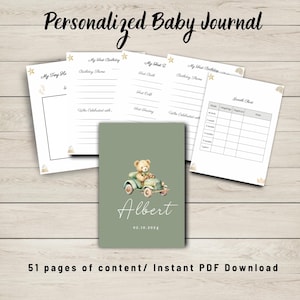 May include: A green and white baby journal with a teddy bear driving a car on the cover. The journal is personalised with the name "Albert" and the date "02.10.2024". The journal has 51 pages of content and is an instant PDF download.