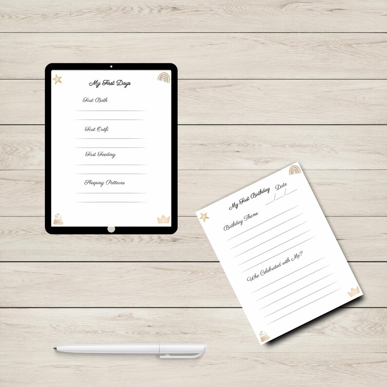 May include: Two printable checklists for a baby's first year. The first checklist is titled "My First Days" and includes sections for first bath, first outfit, first feeding, and sleeping patterns. The second checklist is titled "My First Birthday" and includes sections for date, birthday theme, and who celebrated with the baby.