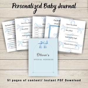 Puede incluir: Un diario para bebé azul y blanco con un lazo azul en la portada. La portada dice "Oliver's Special Memories". El diario tiene 51 páginas y es una descarga PDF instantánea.