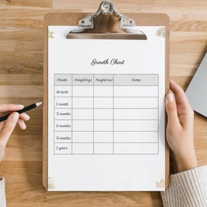 May include: A printable growth chart for tracking a baby's weight and height in kilograms and centimetres. The chart includes columns for month, weight, height, and notes.