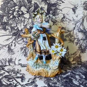 Biscuit vase figurine of a little girl with her basket of fruit, country decor, 1900