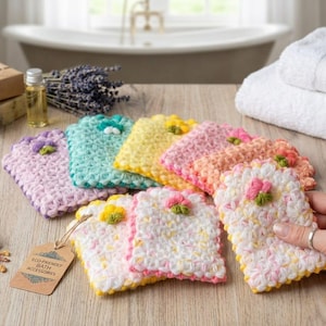 May include: A collection of rectangular crochet soap pouches in various pastel colours including lavender, teal, yellow, pink, and white, each featuring a small crocheted flower accent. A brown paper tag reads Eco-Friendly Bath Accessories.