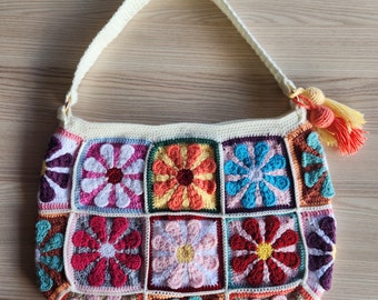 Crochet Bag Handmade, Crochet Bag Tote, Retro Shoulder Bag, Vintage Style, Hobo bag, Granny Square Bag, Afghan Bag, Gift, Free Shipping.