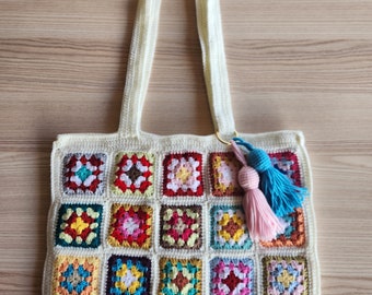 Crochet Bag Handmade, Crochet Bag Tote, Retro Shoulder Bag, Vintage Style, Hobo bag, Granny Square Bag, Afghan Bag, Gift, Free Shipping.