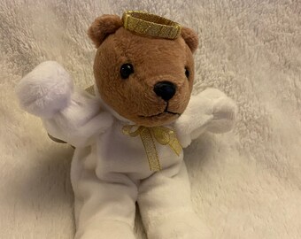 Vintage Little Brown Angel Bear Plush Teddy Bear with Gold Wings, Stuffed Animal 5" sitting, christmas
