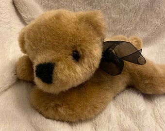 Tan Stretched Out Teddy Bear, Stuffed Animal, 10" long Black Bow