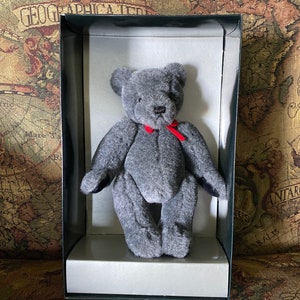 GUND 1994 Collectors Bear, Beautiful Gray Teddy Bear with a Red Bow, Stuffed Animal, 9&quot; long