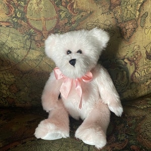 Light Pink Teddy bear with bow, Stuffed Animal, bear 12” long valentine’s day, Valentines