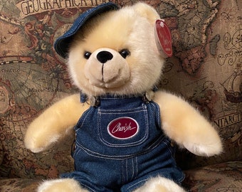 Beautiful Blond Teddy Bear in Overalls plush toy, stuffed animal, 9” sitting, Original tags