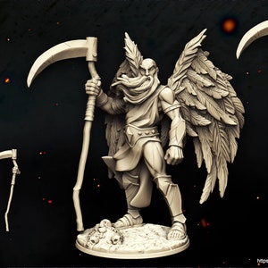 May include: A 3D printed miniature of a winged figure holding a scythe. The figure is sculpted in a standing pose with a long beard and flowing robes. The wings are detailed and spread out behind the figure. The scythe is held in the figure's right hand. The figure is standing on a round base with skulls sculpted around the base.