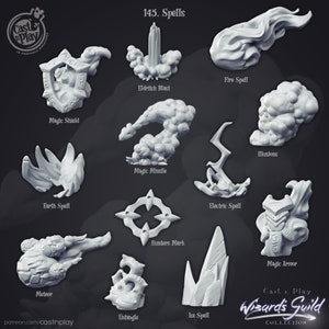 Puede incluir: Un conjunto de 12 miniaturas blancas impresas en 3D que representan varios hechizos para juegos de rol de mesa. Los hechizos incluyen Fire Spell, Eldritch Blast, Magic Missile, Earth Spell, Hunters Mark, Electric Spell, Meteor, Entangle, Ice Spell, Illusions, Magic Armor y Magic Shield.