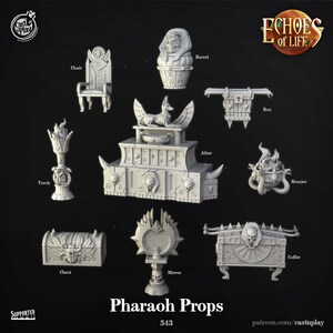 May include: A set of 10 3D printed miniature props in a gray color, themed around ancient Egypt. The props include a chair, a barrel, a box, a brazier, a torch, an altar, a chest, a mirror, and a coffer. The props are designed for tabletop role-playing games or miniature wargaming.