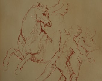 Interesting Old masters red charcoal study of a horse - drawing (collector / gallery stamped on verso)