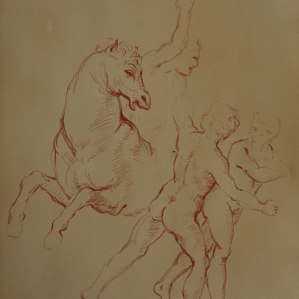 Intéressante étude au fusain rouge des maîtres anciens représentant un cheval - dessin (cachet de collection / galerie au verso)