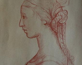 Intéressante étude de portrait d'une femme au fusain rouge au fusain - dessin (estampillé de collectionneur / galerie au dos)