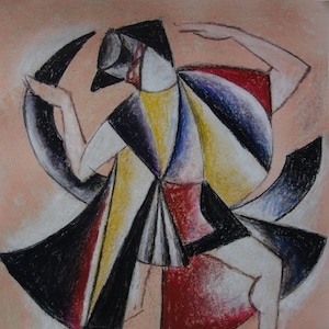 Vintage Cubist figure painting (collector / gallery stamped on verso)
