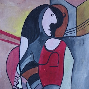 Vintage Cubist figure painting (collector / gallery stamped on verso)
