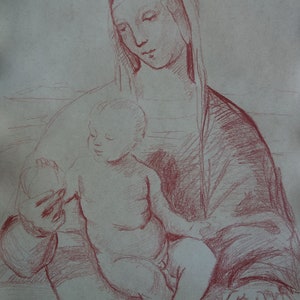 Interesting Old masters red charcoal study of madonna and child - drawing (collector / gallery stamped on verso)