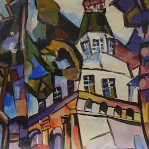 Vintage Cubist landscape painting (collector / gallery stamped on verso)
