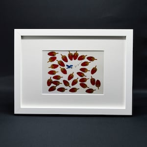 Puede incluir: Una impresión enmarcada en blanco de una pintura que representa una mariposa azul volando entre fresas rojas. La pintura está firmada "Liz Sweet".