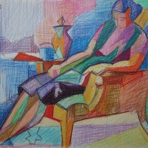 Vintage Cubist figure painting (collector / gallery stamped on verso)