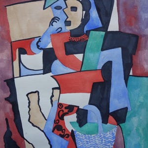 Vintage Cubist figure painting (collector / gallery stamped on verso)
