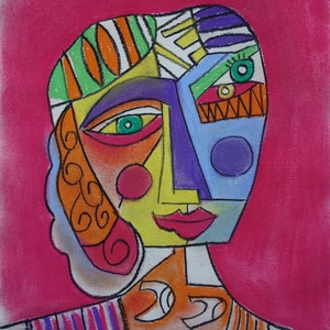 Vintage Cubist portrait painting (collector / gallery stamped on verso)