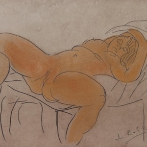 Rzadki zabytkowy obraz z podpisem, napisem Auguste Rodin i pieczątką kolekcjonera/galerii na odwrocie