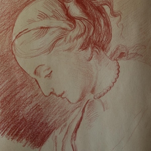 Interesting Old masters red charcoal portrait study of a woman - drawing (collector / gallery stamped on verso)